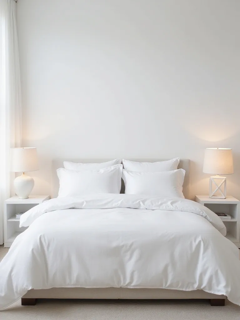 Modern white bedroom with white bedside tables and stylish white table lamps providing ambient light.