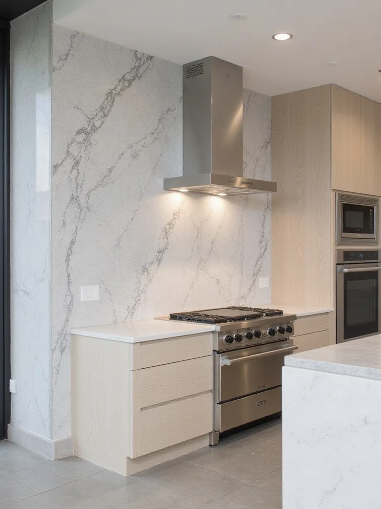 Modern kitchen with stunning grey quartzite slab backsplash