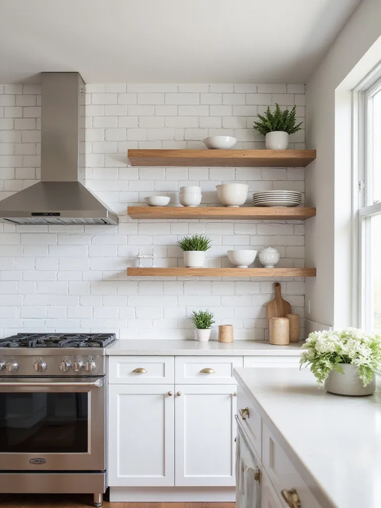 Kitchen with white subway tile backsplash and light wood open shelving displaying kitchenware