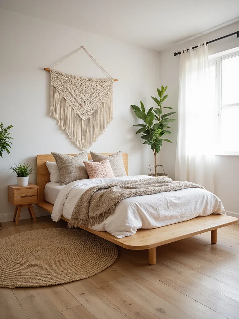 Boho bedroom with low platform bed, woven rug, and natural light.