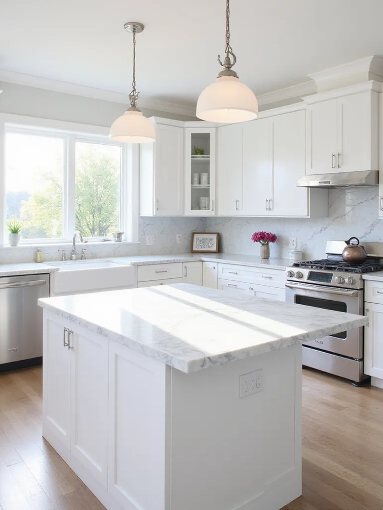 White kitchen with patterned quartz countertop on island