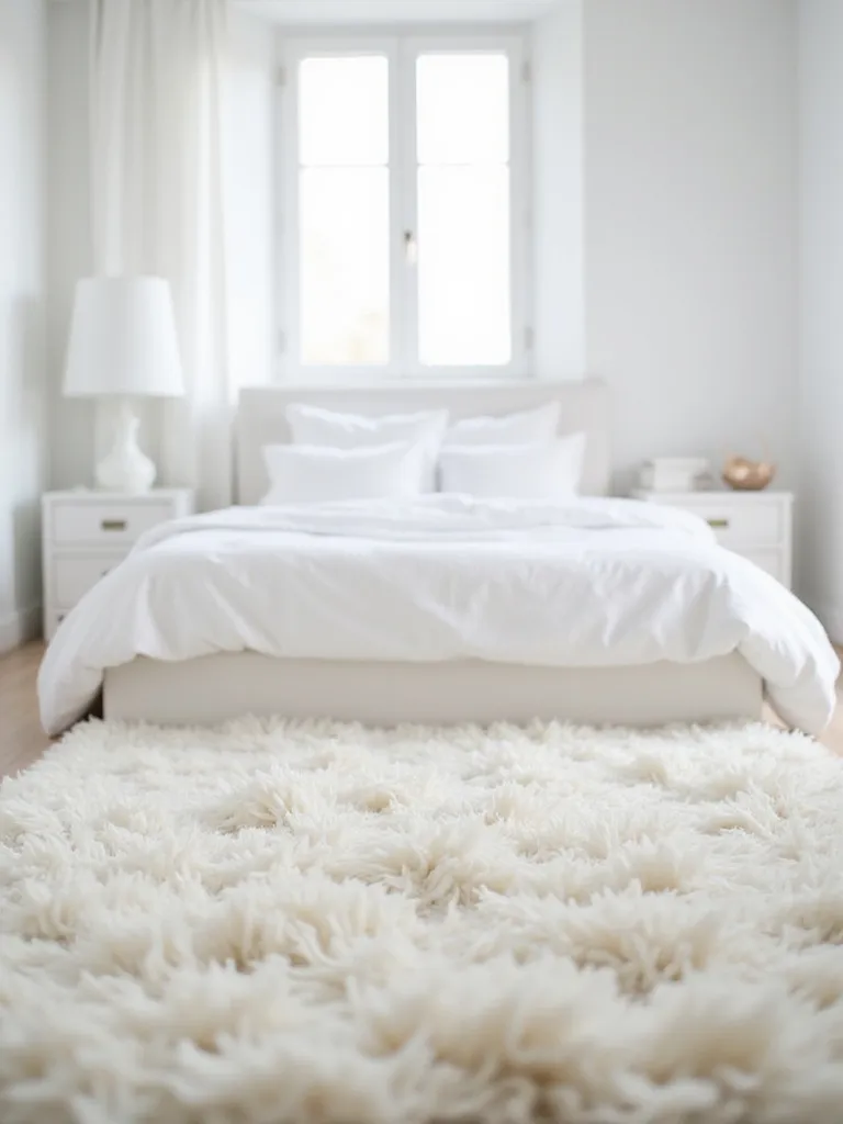 Plush white shag rug in a minimalist white bedroom