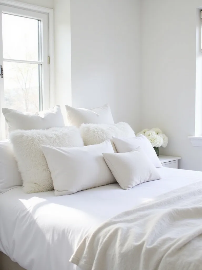 White bedroom with plush white throw pillows in varying textures on the bed