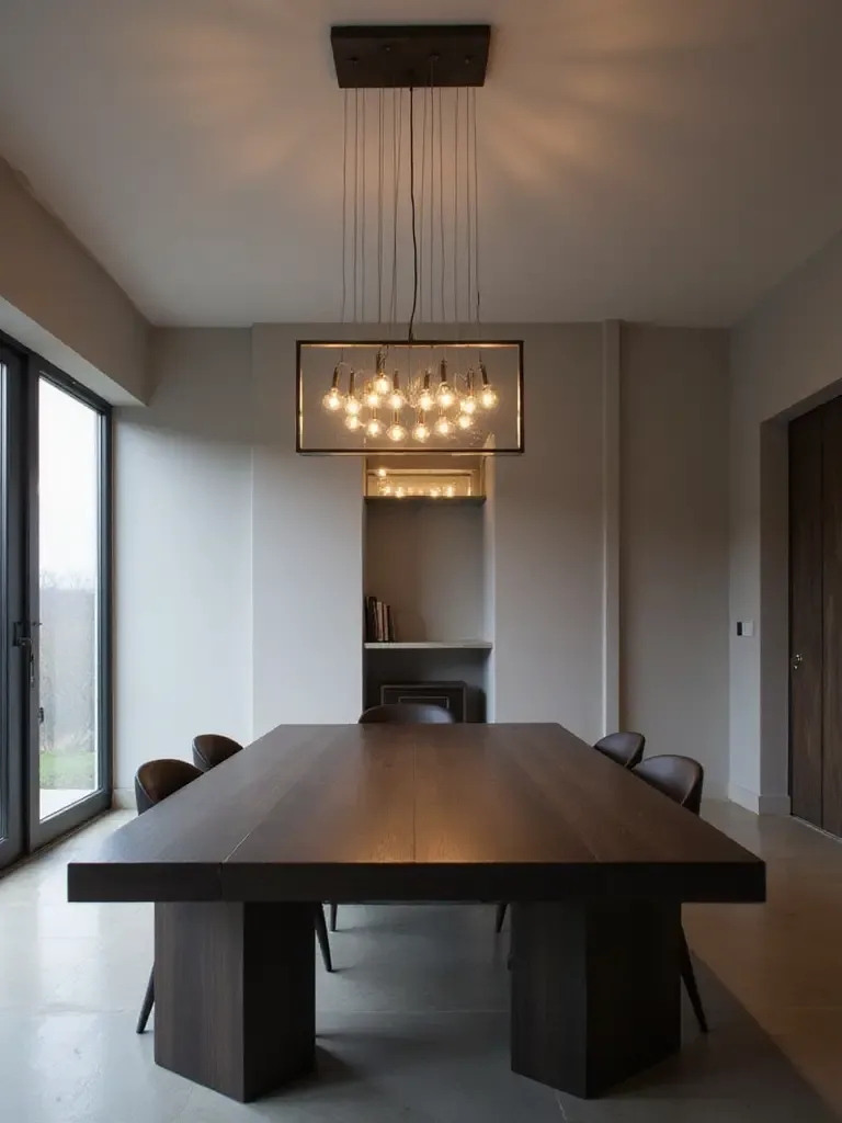Modern dining room with rectangular wooden table and linear LED chandelier
