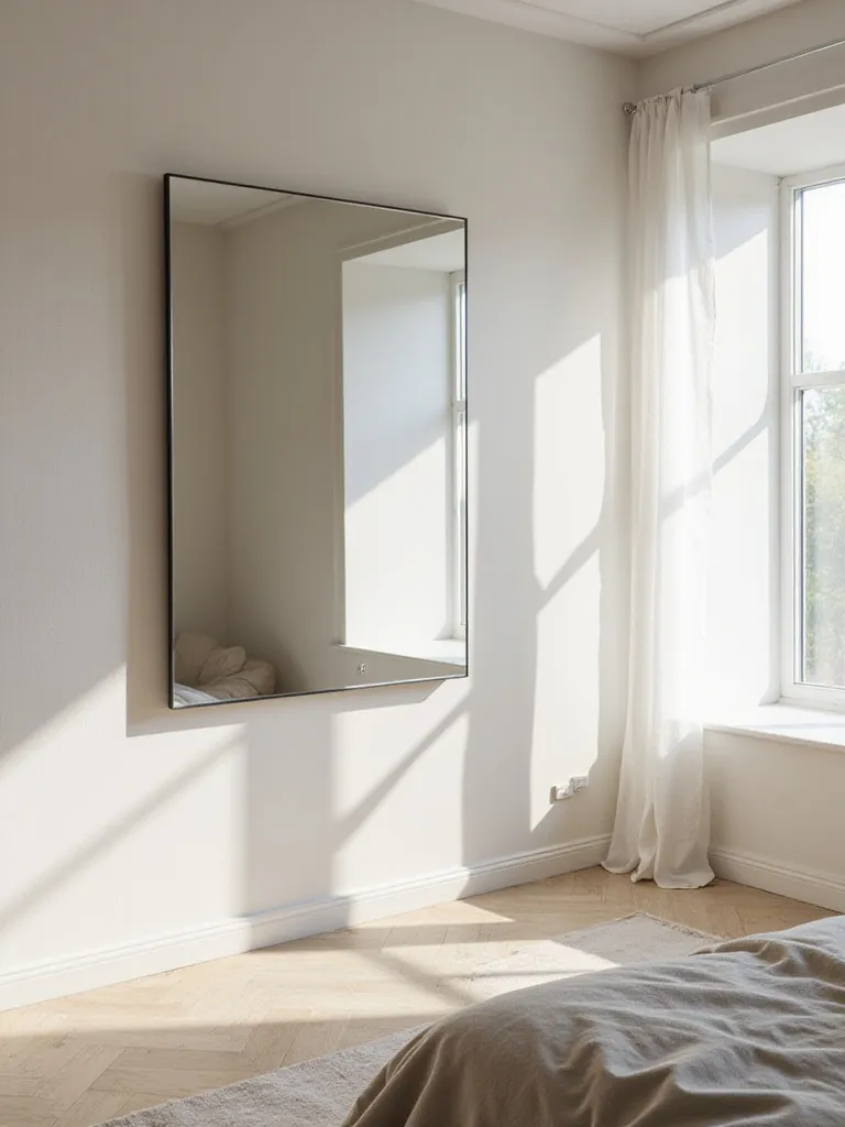 Minimalist bedroom with a large mirror reflecting sunlight and enhancing the feeling of space.