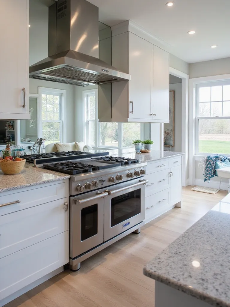 Modern kitchen with a mirrored backsplash reflecting light and creating a sense of spaciousness.