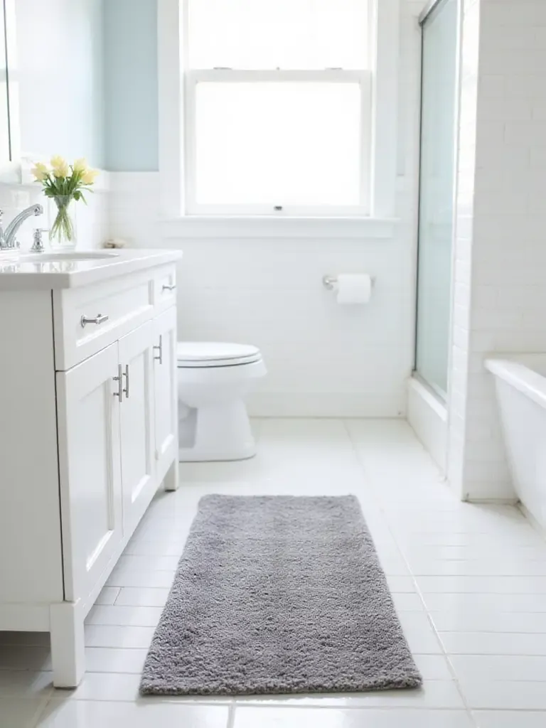 Affordable gray cotton bathroom rug adding warmth and texture to a modern white bathroom.