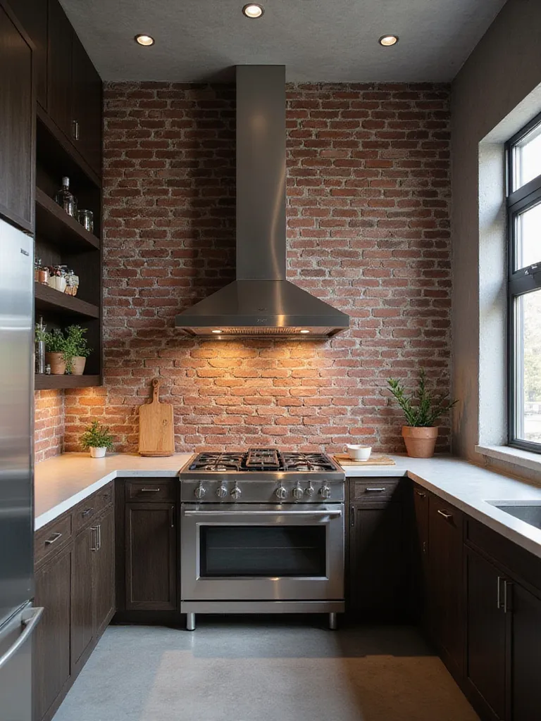 Kitchen with brick backsplash, dark cabinets, and stainless steel appliances.