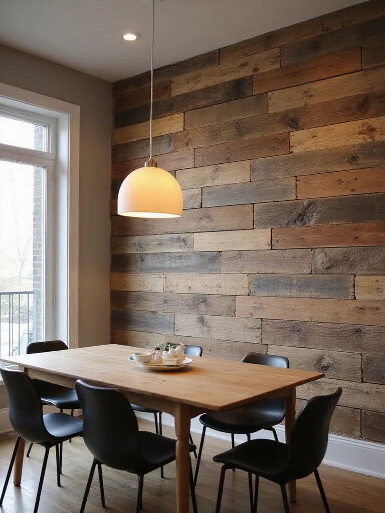 Dining room with a reclaimed wood plank wall, showcasing a rustic and inviting atmosphere.