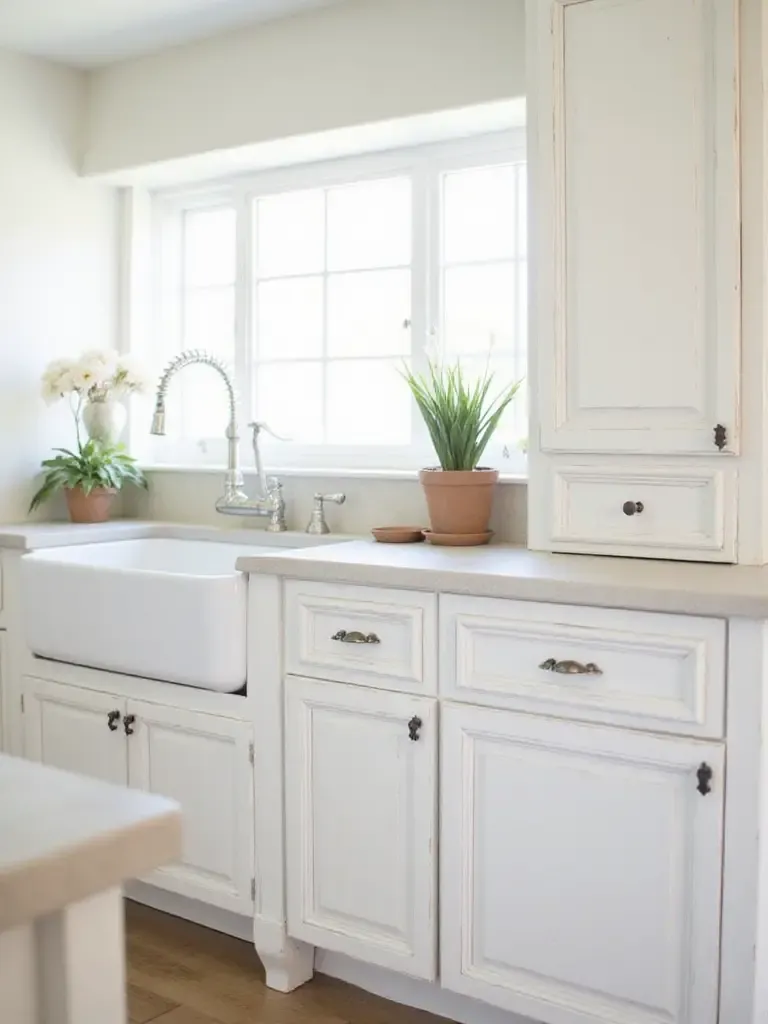 Kitchen featuring white distressed cabinets with vintage charm
