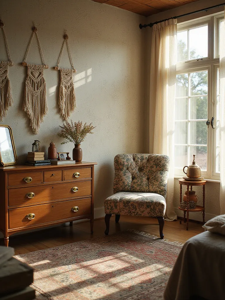 Boho bedroom with vintage dresser, mid-century chair, and layered textiles.