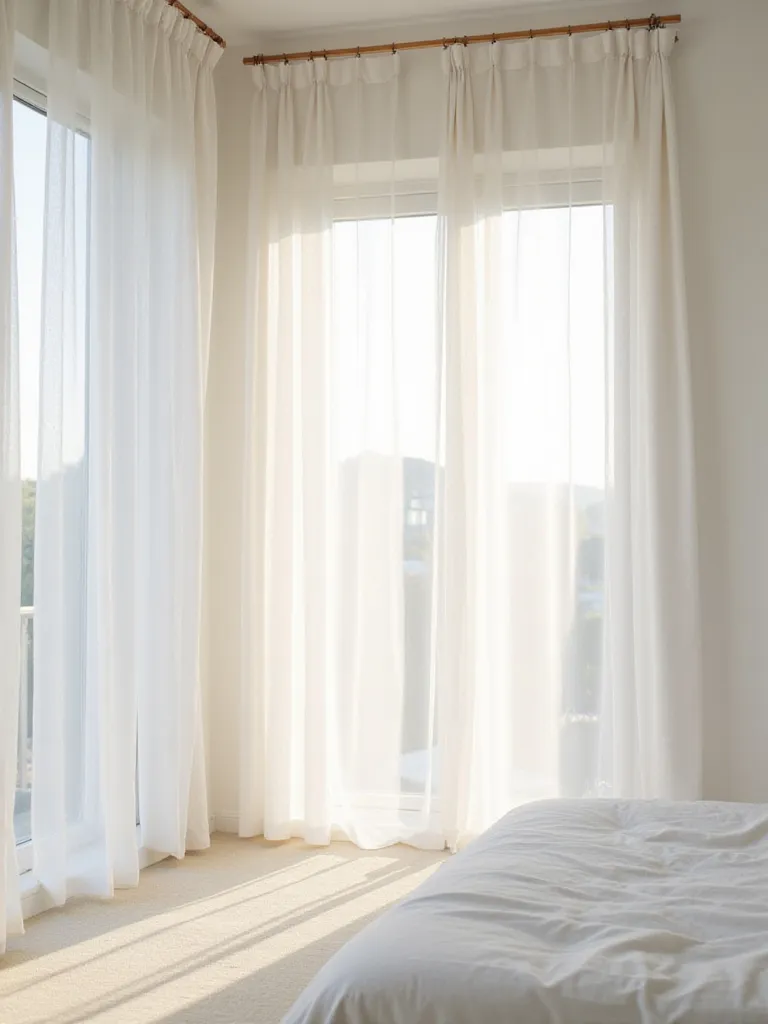 Serene white bedroom with sheer white curtains allowing soft, diffused natural light.