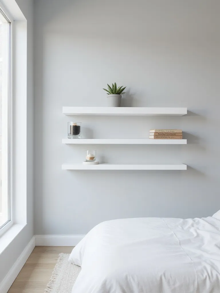 Modern bedroom wall with white floating shelves displaying plants, candles, and books.