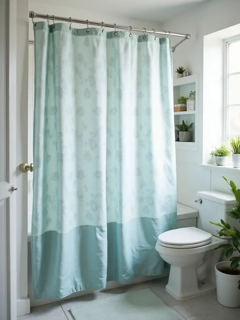 Stylish teal and gray geometric shower curtain transforming a bathroom on a budget