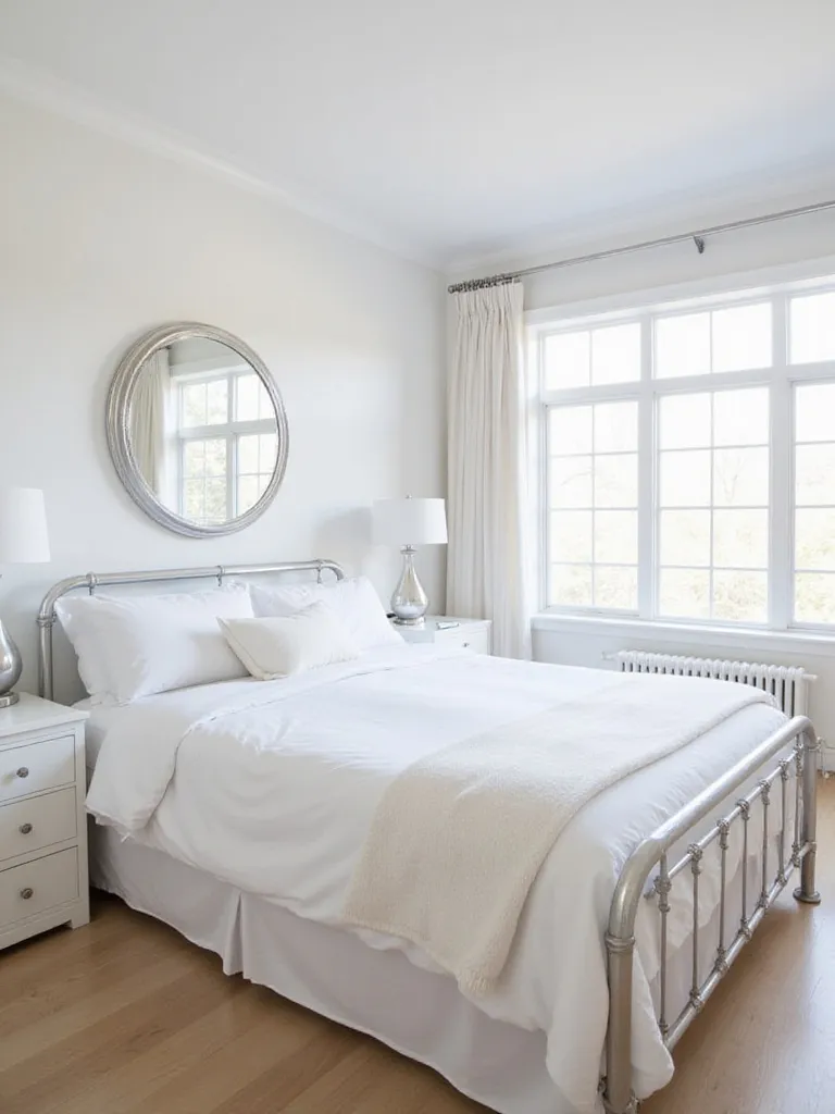 White bedroom with silver and chrome accents for a modern look
