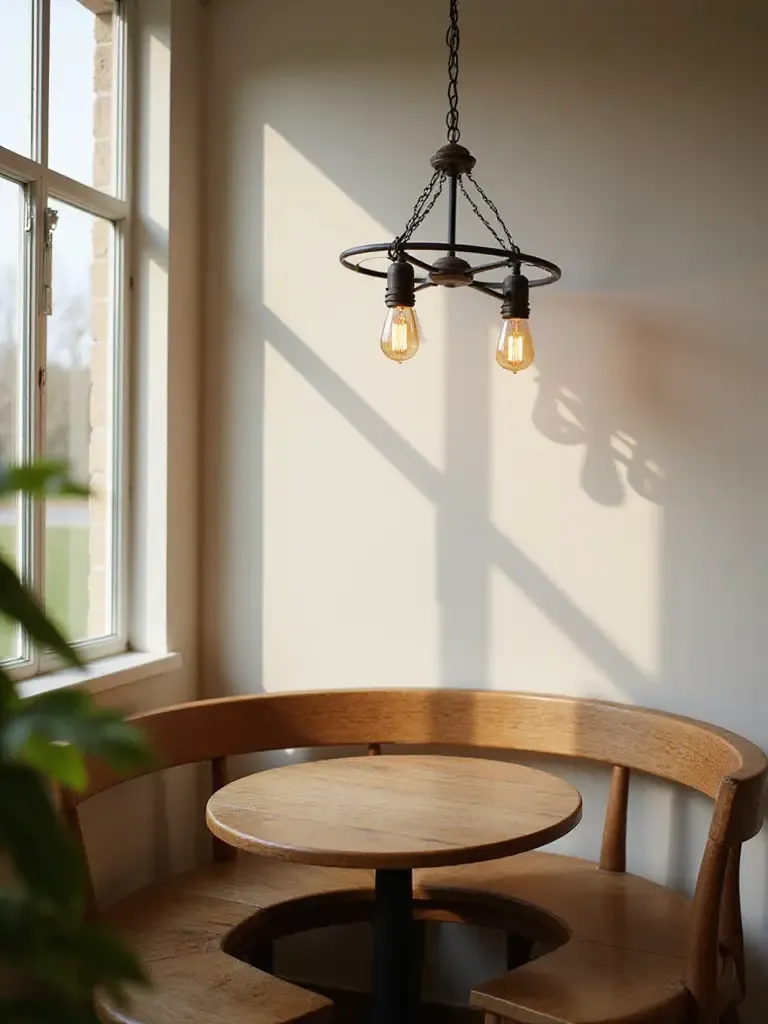 Small rustic chandelier hanging above a dining nook table.