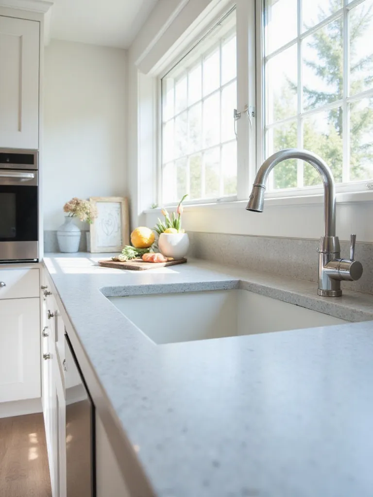 Modern kitchen with white shaker cabinets and light gray solid surface countertop with integrated sink.