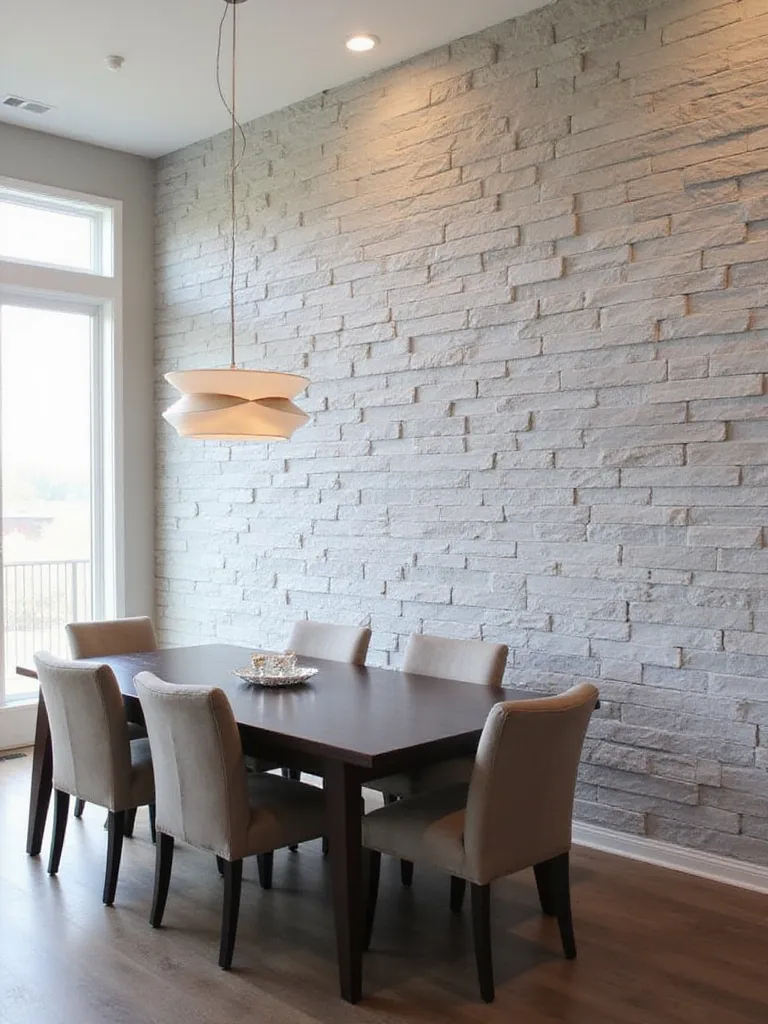 Dining room with faux stone accent wall