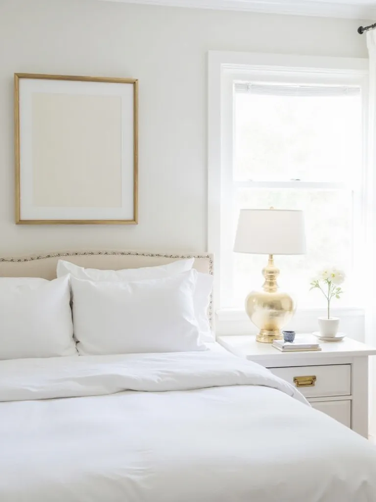 White bedroom with subtle gold accents including a gold lamp, gold-framed art, and gold hardware.