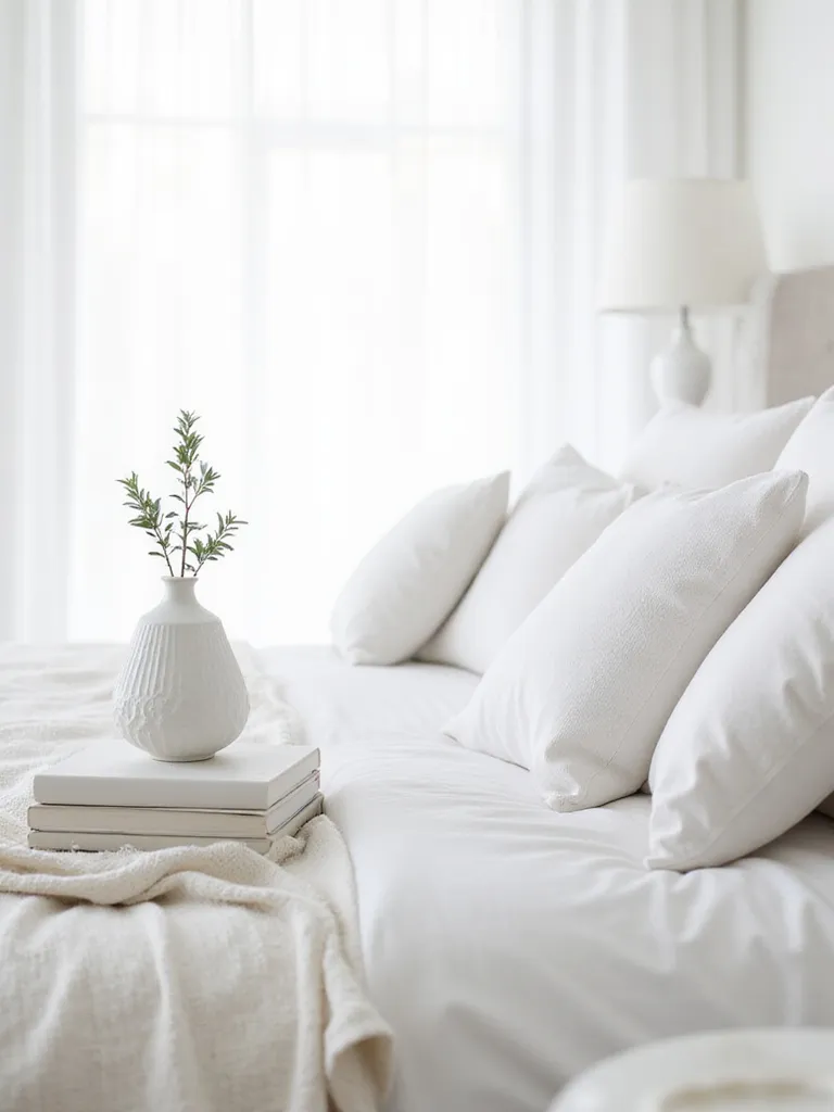 White bedroom with subtle white decor accents including a vase, books, and textured bedding