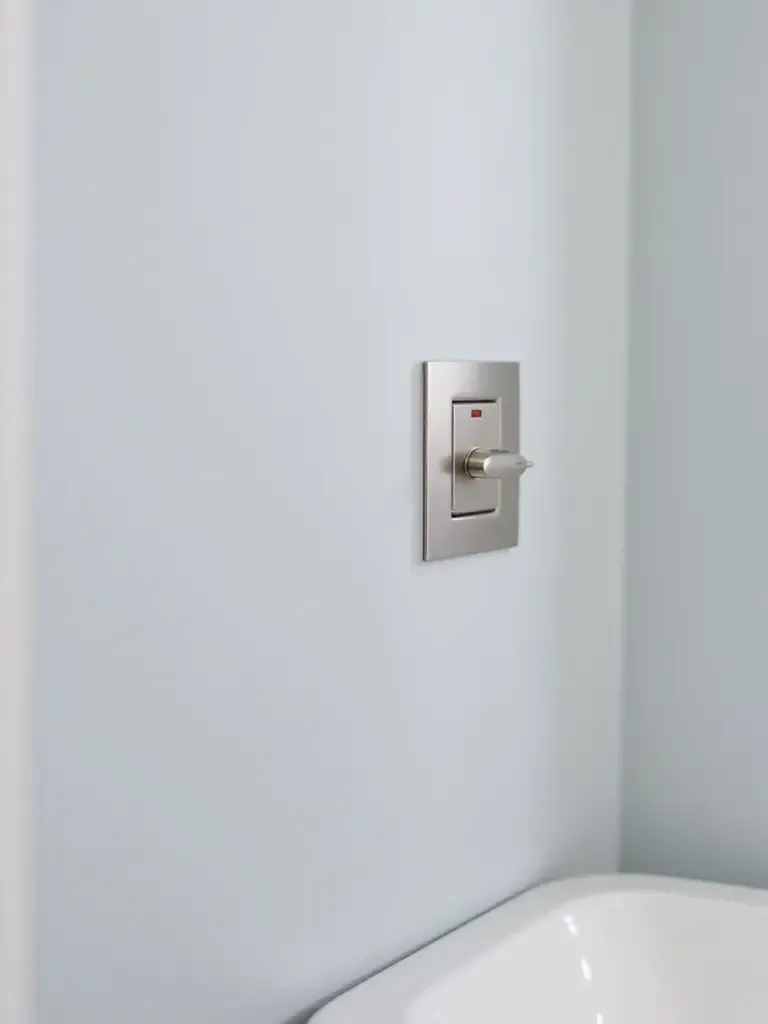 Brushed nickel light switch plate and outlet cover on a gray bathroom wall