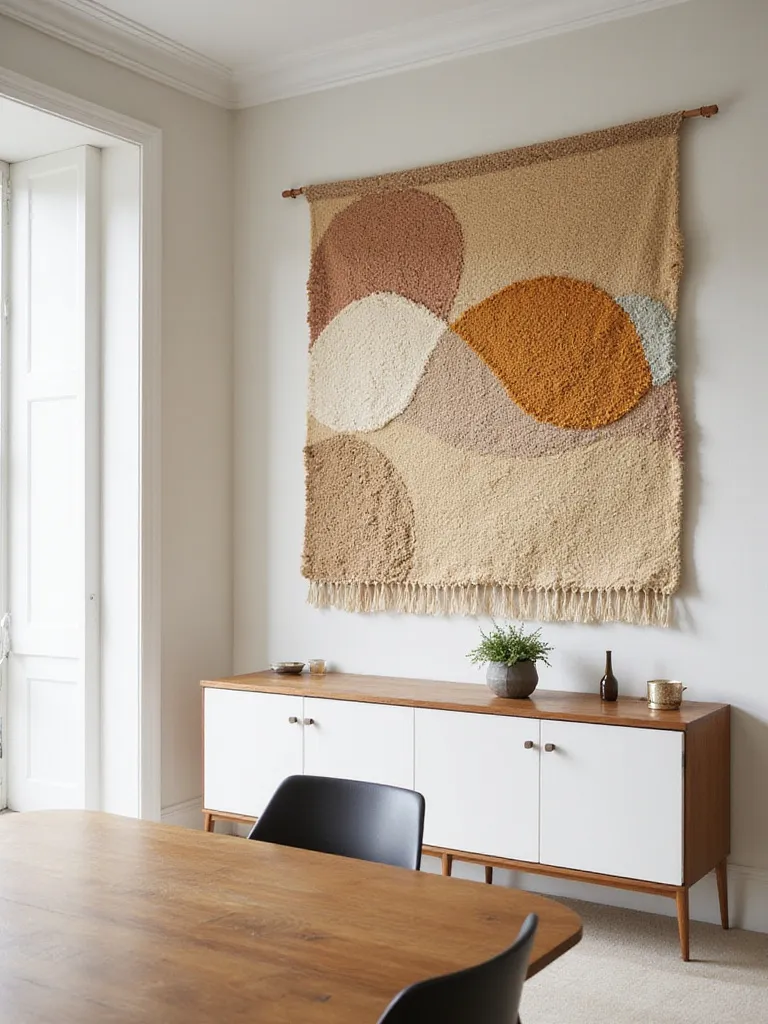 Dining room with a large abstract woven wall hanging above a buffet.