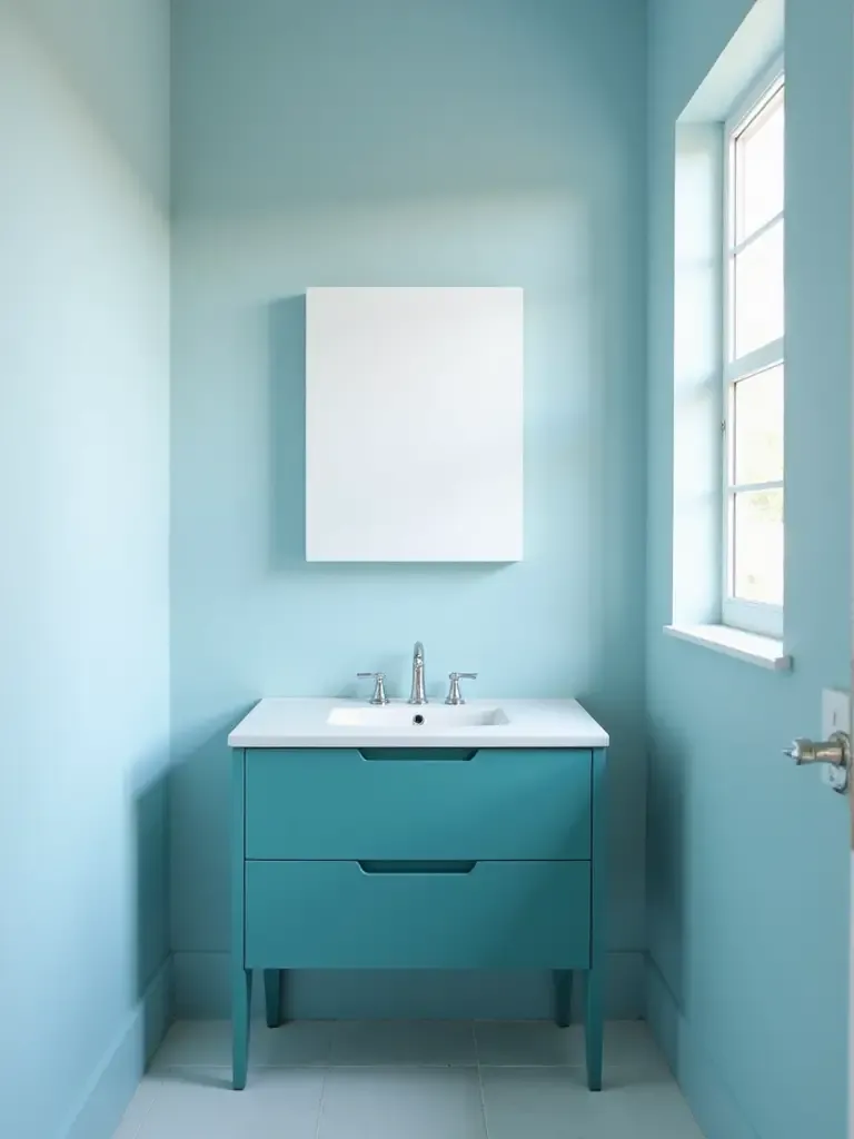 Budget bathroom makeover with fresh blue and teal paint.