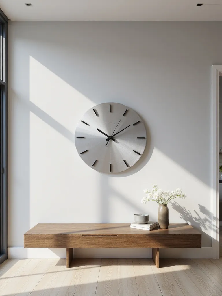 Modern dining room with a chic silver wall clock above a dark wood sideboard.