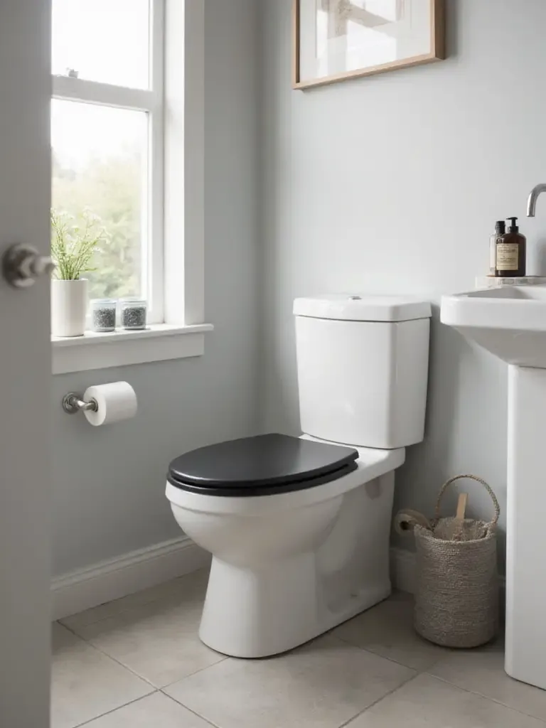Modern bathroom featuring a new matte black toilet seat