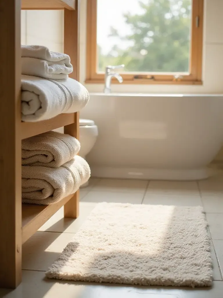 Plush, neatly folded towels and a cozy bath mat in a spa-like bathroom setting.