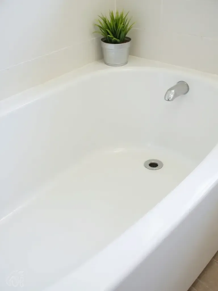 Freshly refinished white bathtub in a bright, modern bathroom