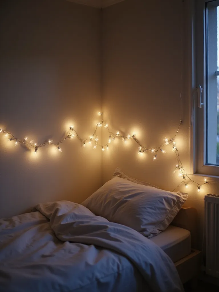 Bedroom with fairy lights draped across headboard
