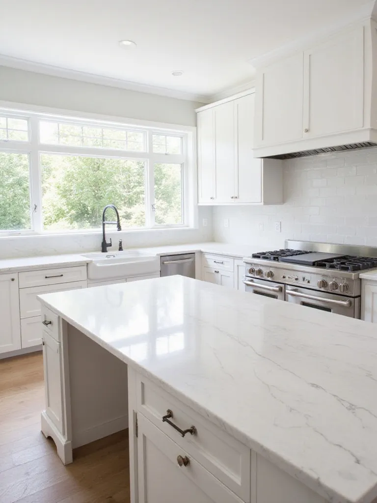 White kitchen with veined quartz countertops and waterfall island