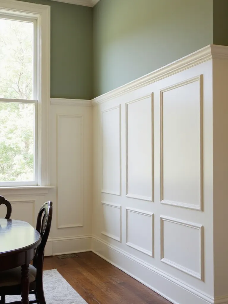 Dining room with cream-colored raised panel wainscoting and light sage green walls.