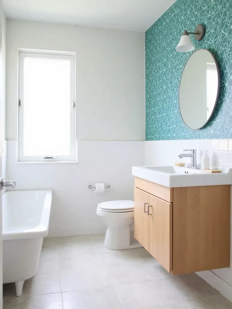 Bathroom with teal geometric removable wallpaper accent wall.