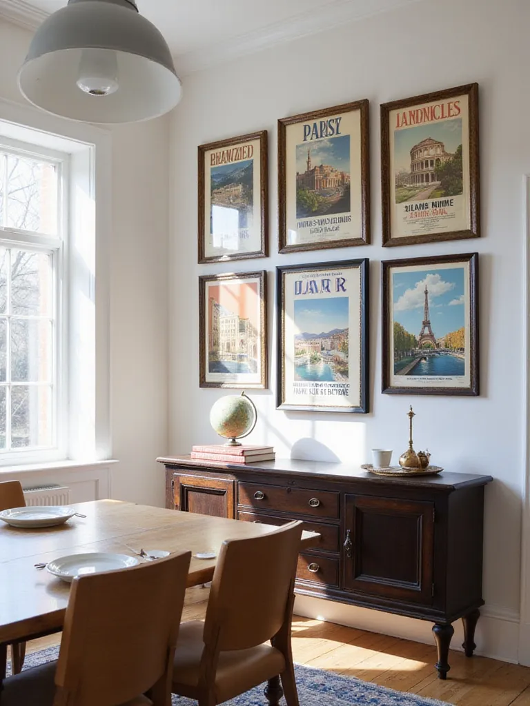 Dining room with a gallery wall featuring vintage travel posters.