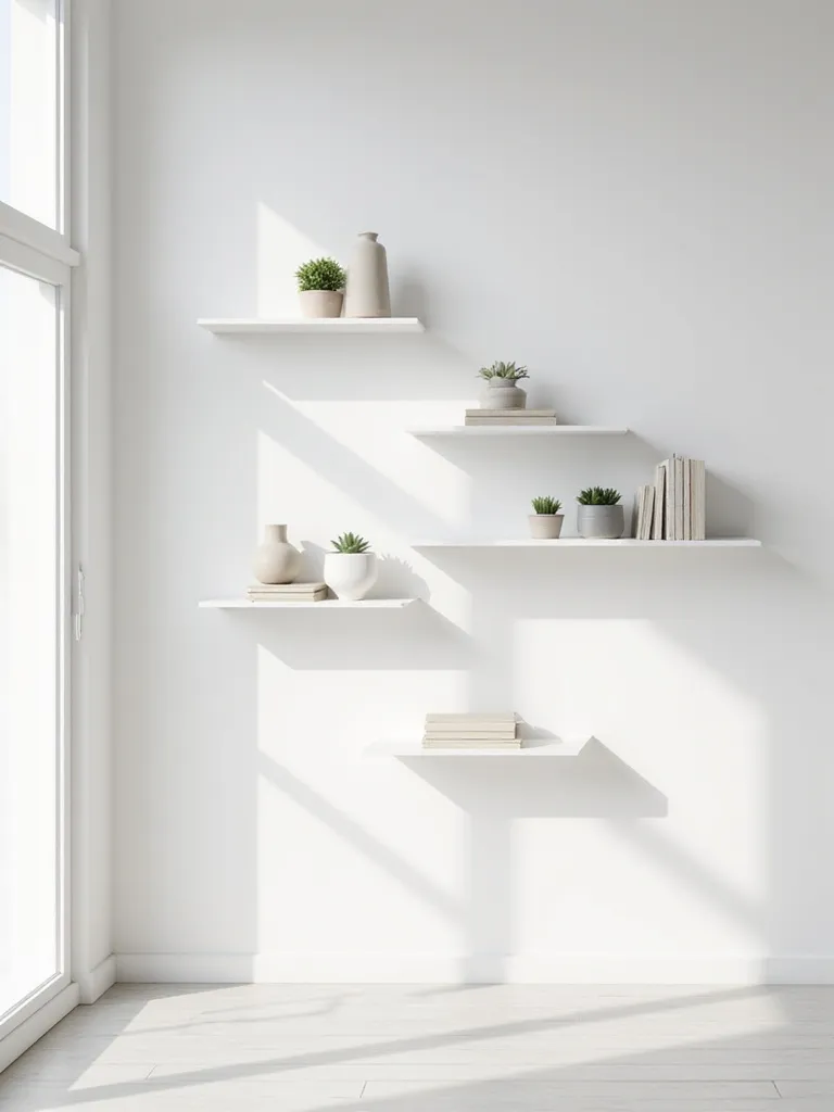 White bedroom with white floating shelves displaying neutral decor.