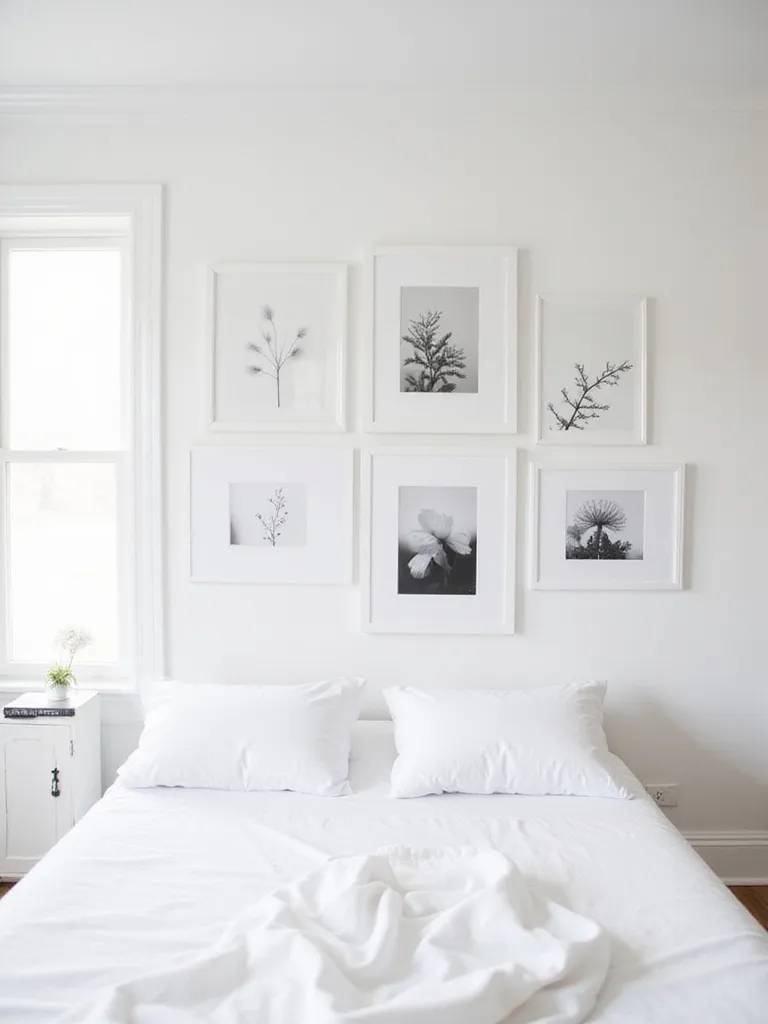 Serene white bedroom with a gallery wall of white picture frames displaying various artworks.