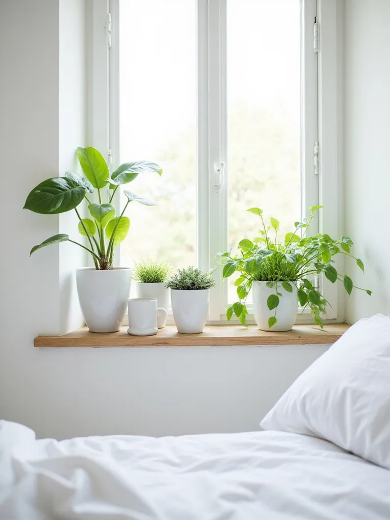 White bedroom with white plant pots and lush greenery on a windowsill