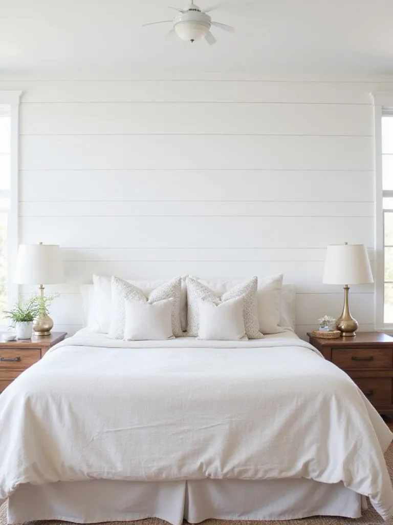 White shiplap bedroom accent wall