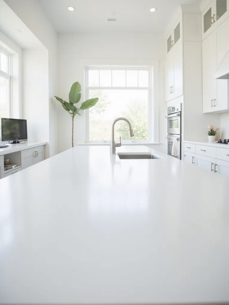 Minimalist kitchen with white cabinets and seamless white solid surface countertops