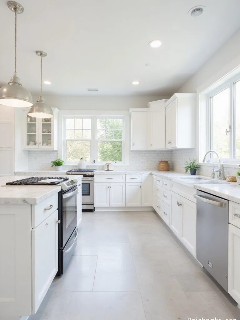Bright white kitchen with white cabinets and white marble countertop