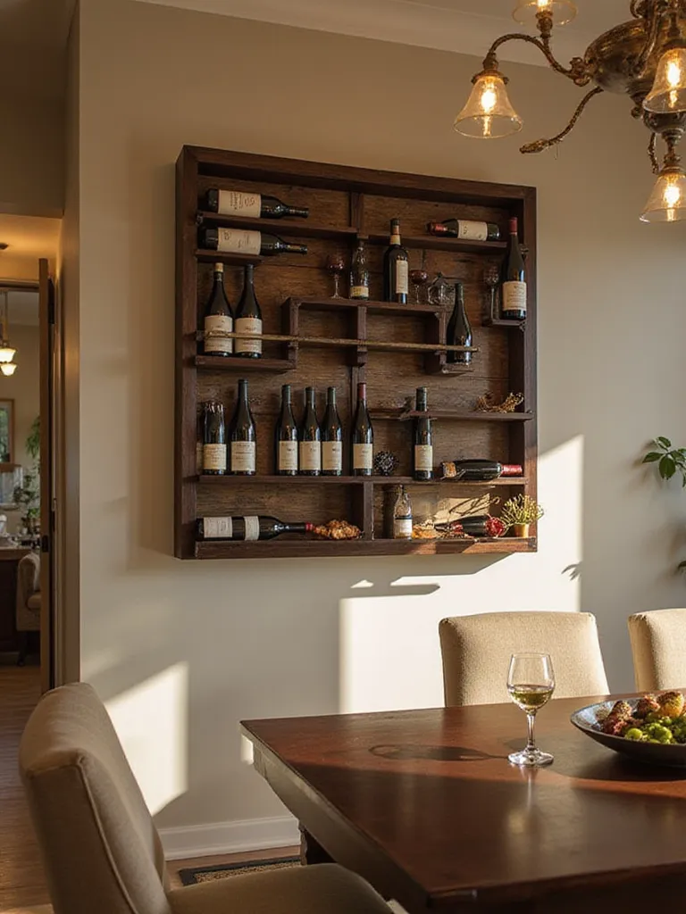 Dining room with a stylish wall-mounted wooden wine rack displaying various wine bottles.