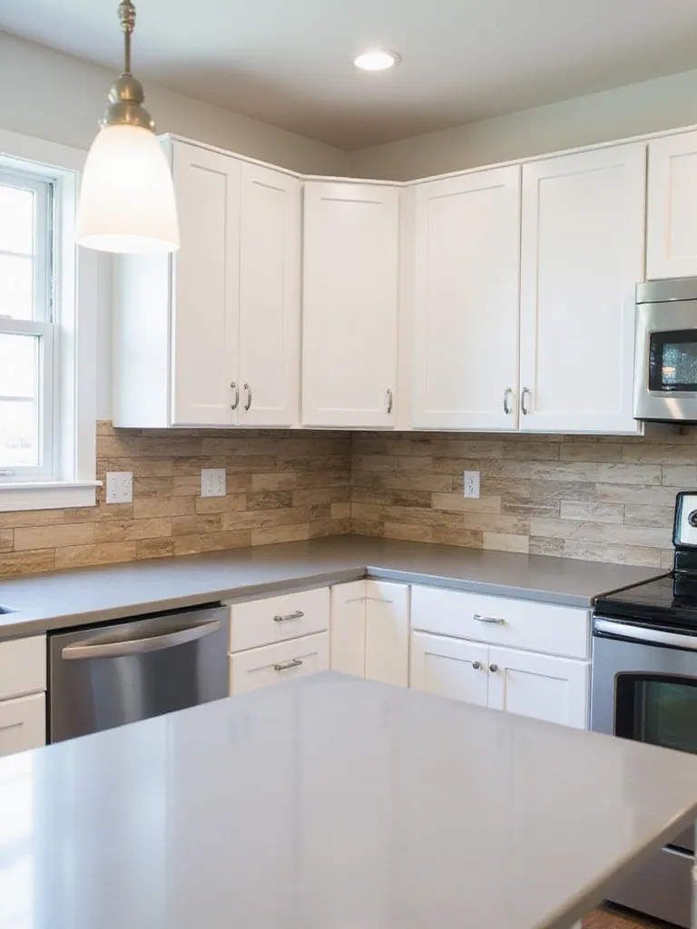 Modern kitchen with light brown wood-look tile backsplash
