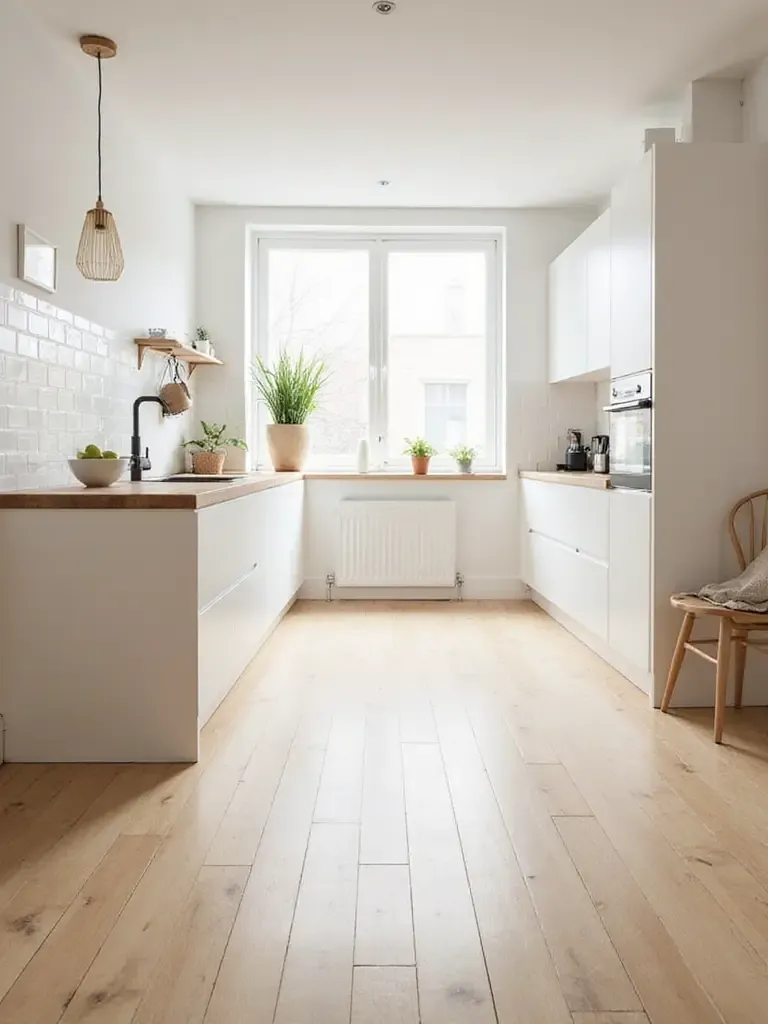 Bright Scandinavian kitchen with light wood flooring, white cabinets, and natural light.