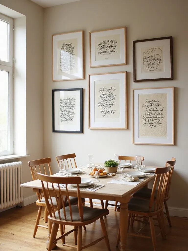 Dining room wall with gallery of framed calligraphy and inspirational quotes.