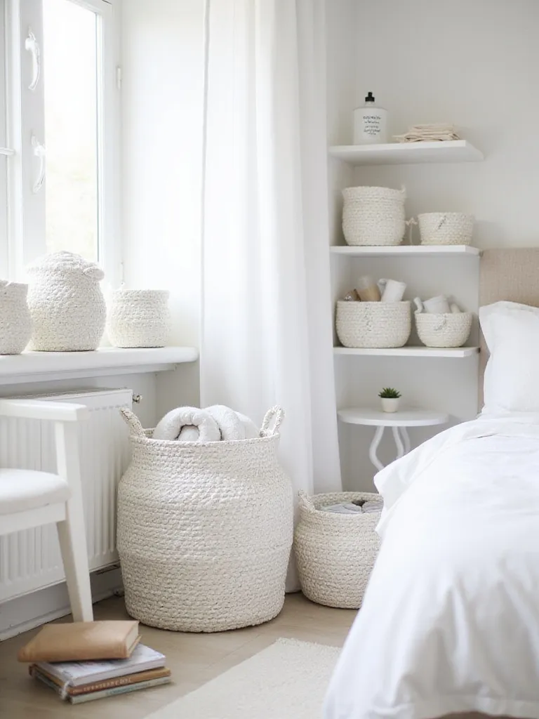 White bedroom with woven white baskets for stylish storage
