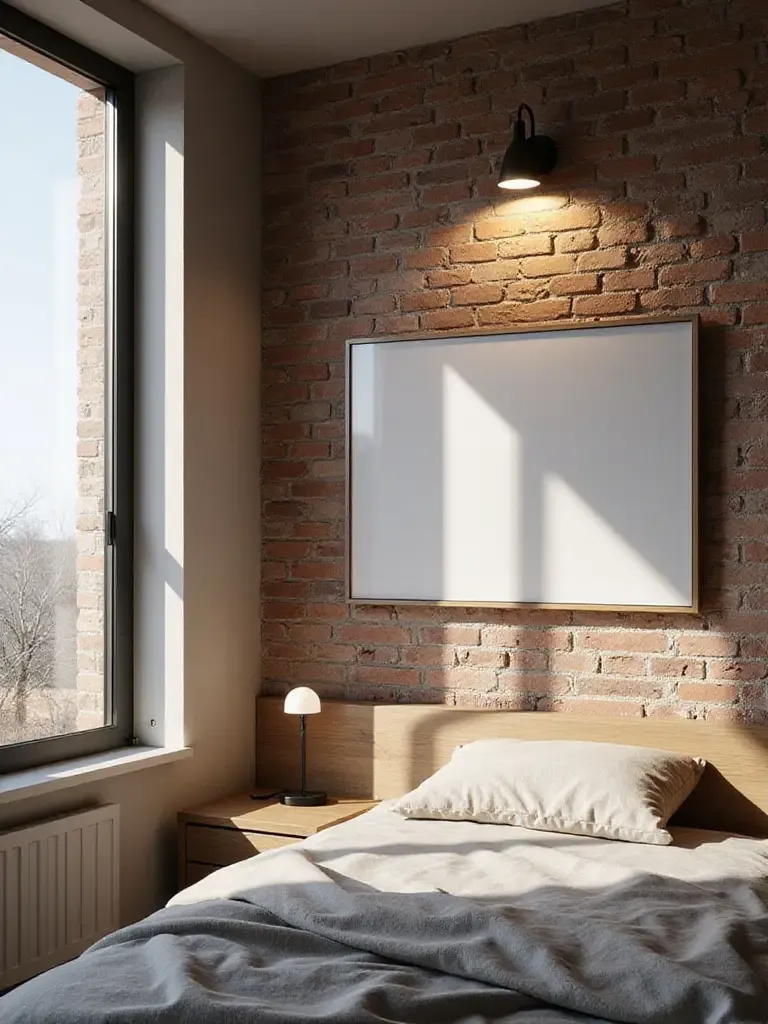 Bedroom with accent lighting highlighting a textured brick wall and framed artwork