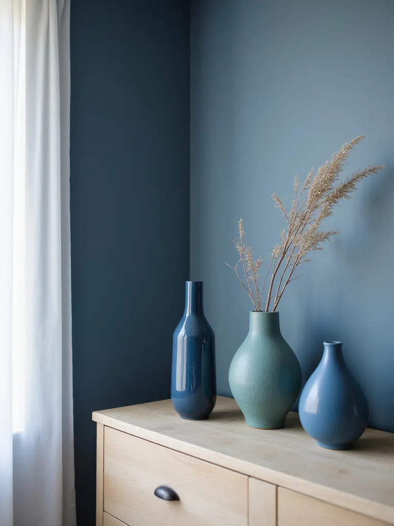 Collection of decorative blue ceramic vases in varying shapes on a dresser in a blue bedroom.
