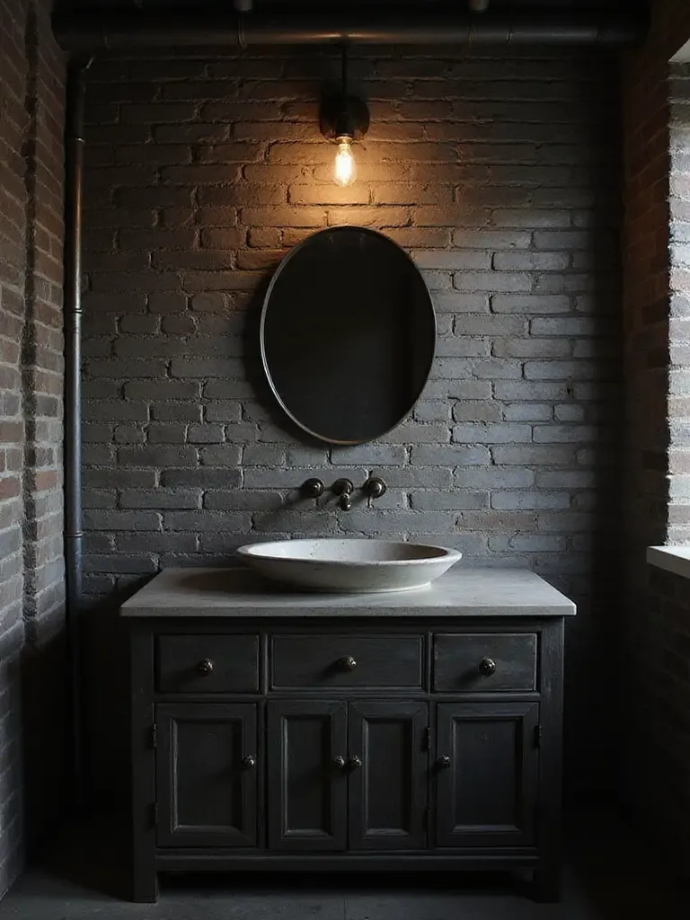 Industrial bathroom featuring faux brick paneling accent wall behind a metal vanity.